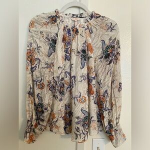 Rebecca Taylor Floral Keyhole Ruffle Silk Blouse Top Size 4 Small